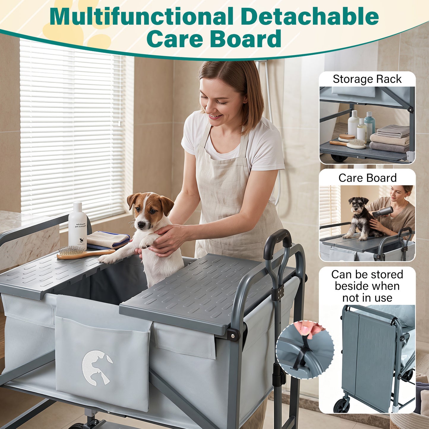 Foldable Dog Bath Cart with Adjustable Height and 4 Wheels for Pets-Black + Grey