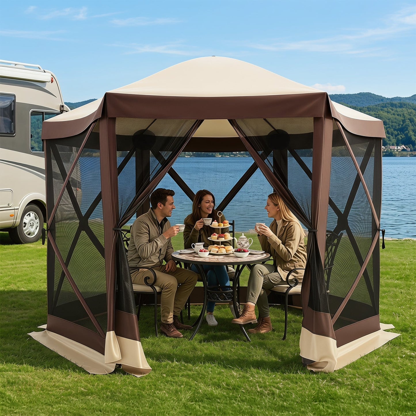 Foldable Hexagonal Gazebo with 6 Mosquito Net Sides and Zipped Door with Carry Bag-Brown single size