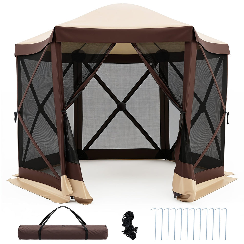 Foldable Hexagonal Gazebo with 6 Mosquito Net Sides and Zipped Door with Carry Bag-Brown single size