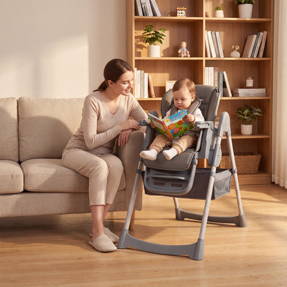 Foldable High Chair with 7-Level Height Adjustment for Babies and Toddlers-Grey