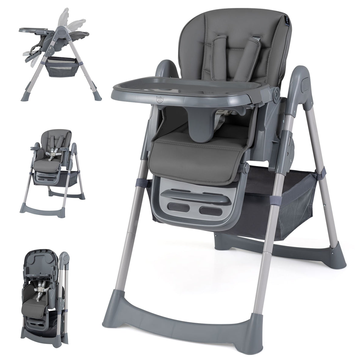 Foldable High Chair with 7-Level Height Adjustment for Babies and Toddlers-Grey