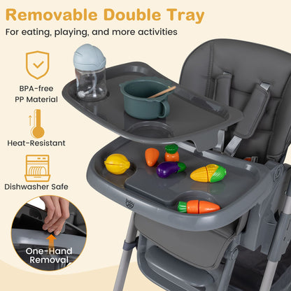 Foldable High Chair with 7-Level Height Adjustment for Babies and Toddlers-Grey