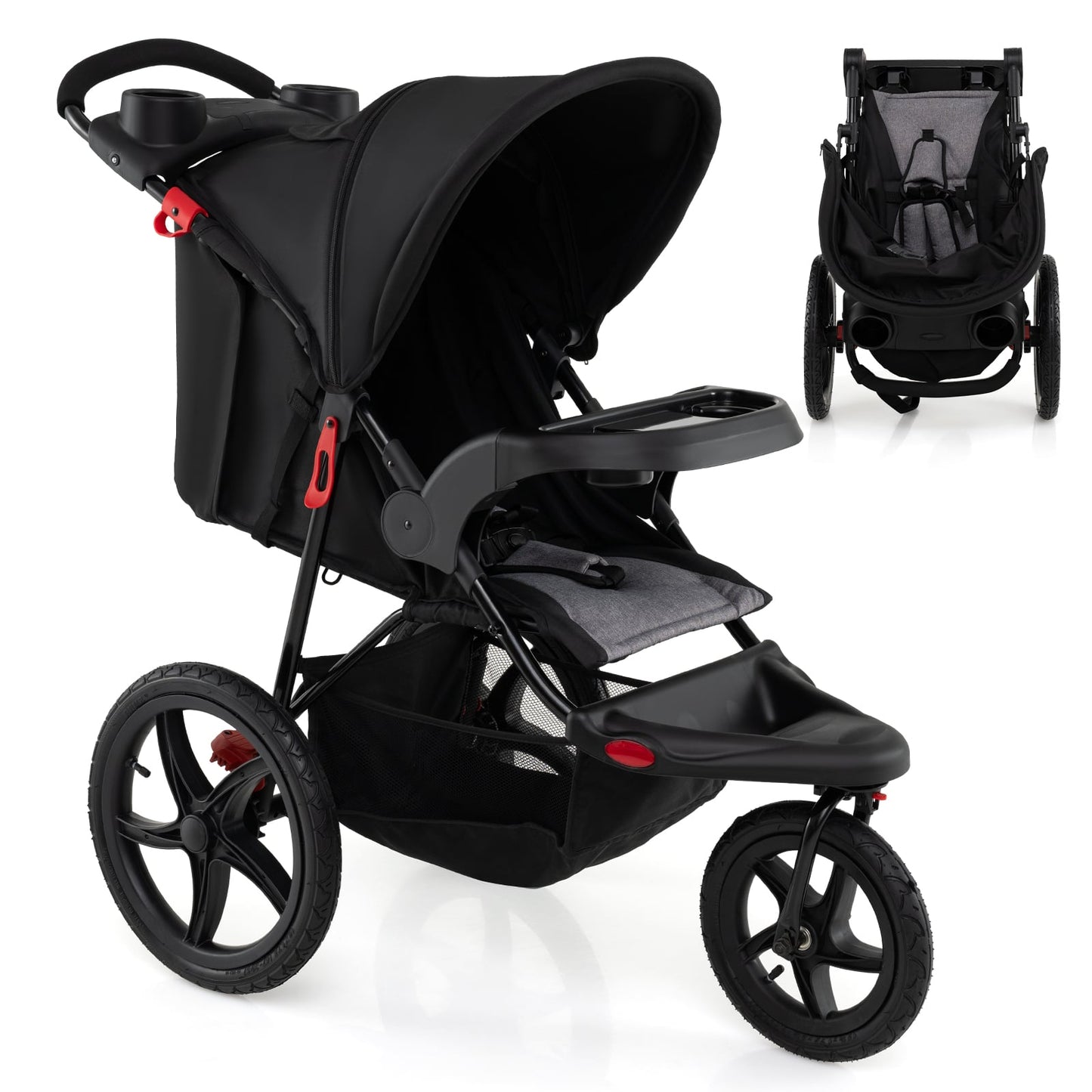 Foldable Jogging Stroller with Adjustable Canopy Reclining Seat-Black