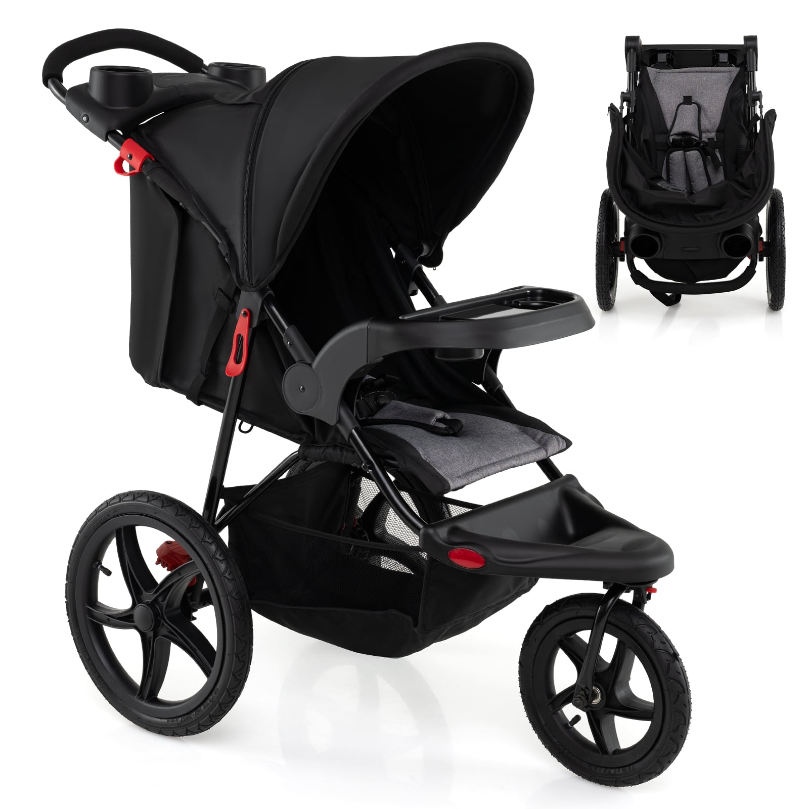 Foldable Jogging Stroller with Adjustable Canopy Reclining Seat-Black