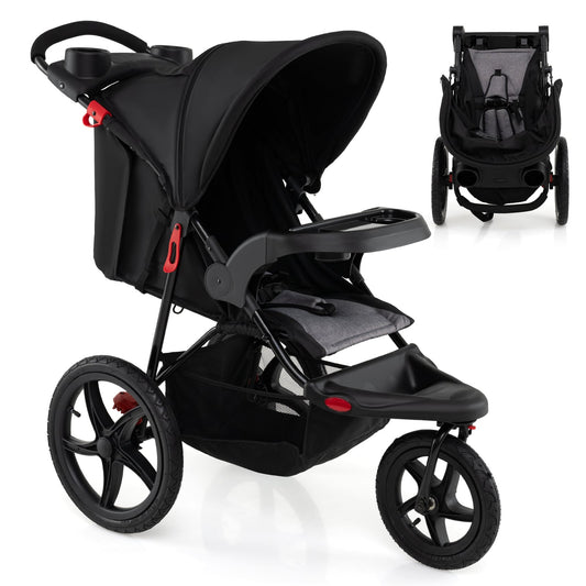 Foldable Jogging Stroller with Adjustable Canopy Reclining Seat-Black