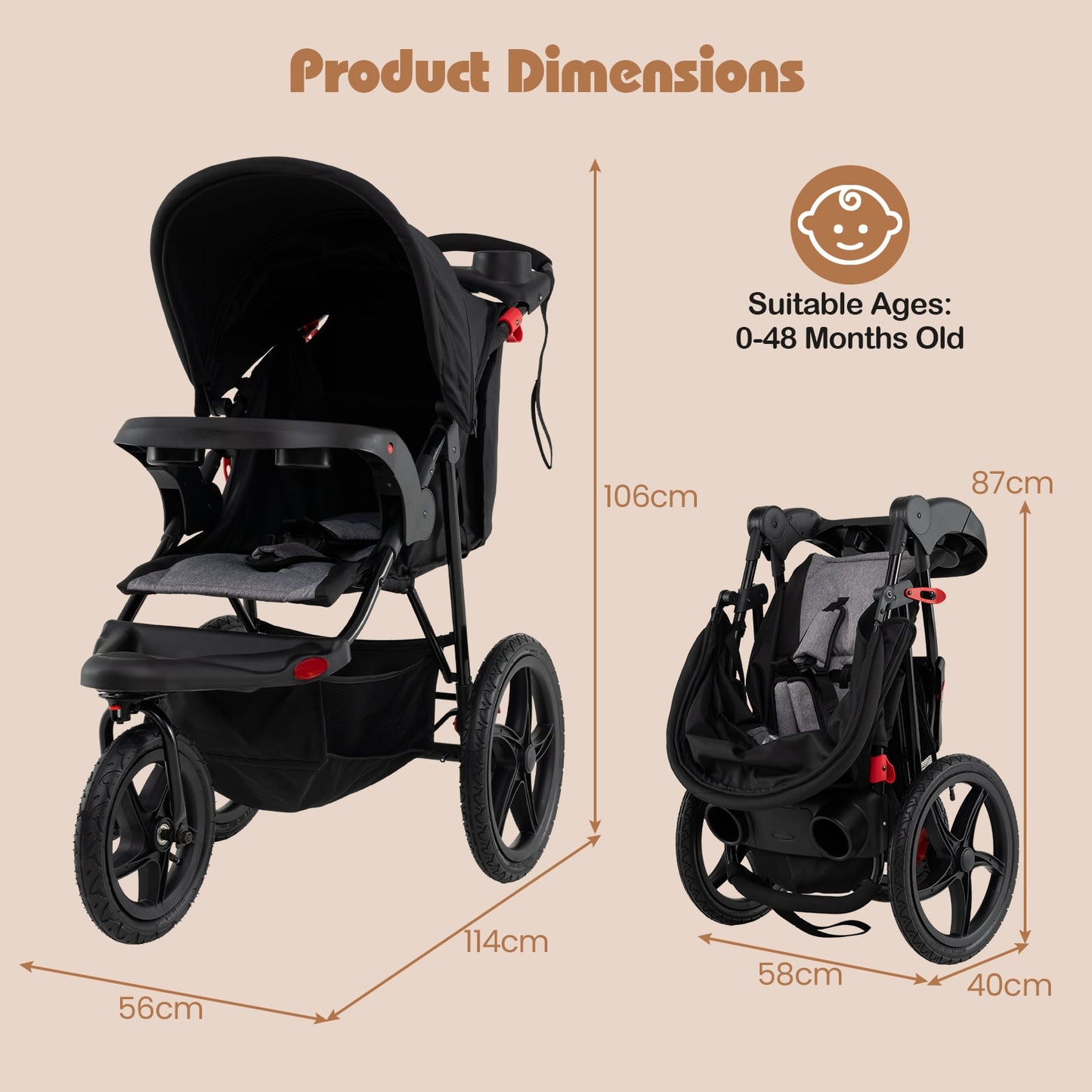 Foldable Jogging Stroller with Adjustable Canopy Reclining Seat-Black