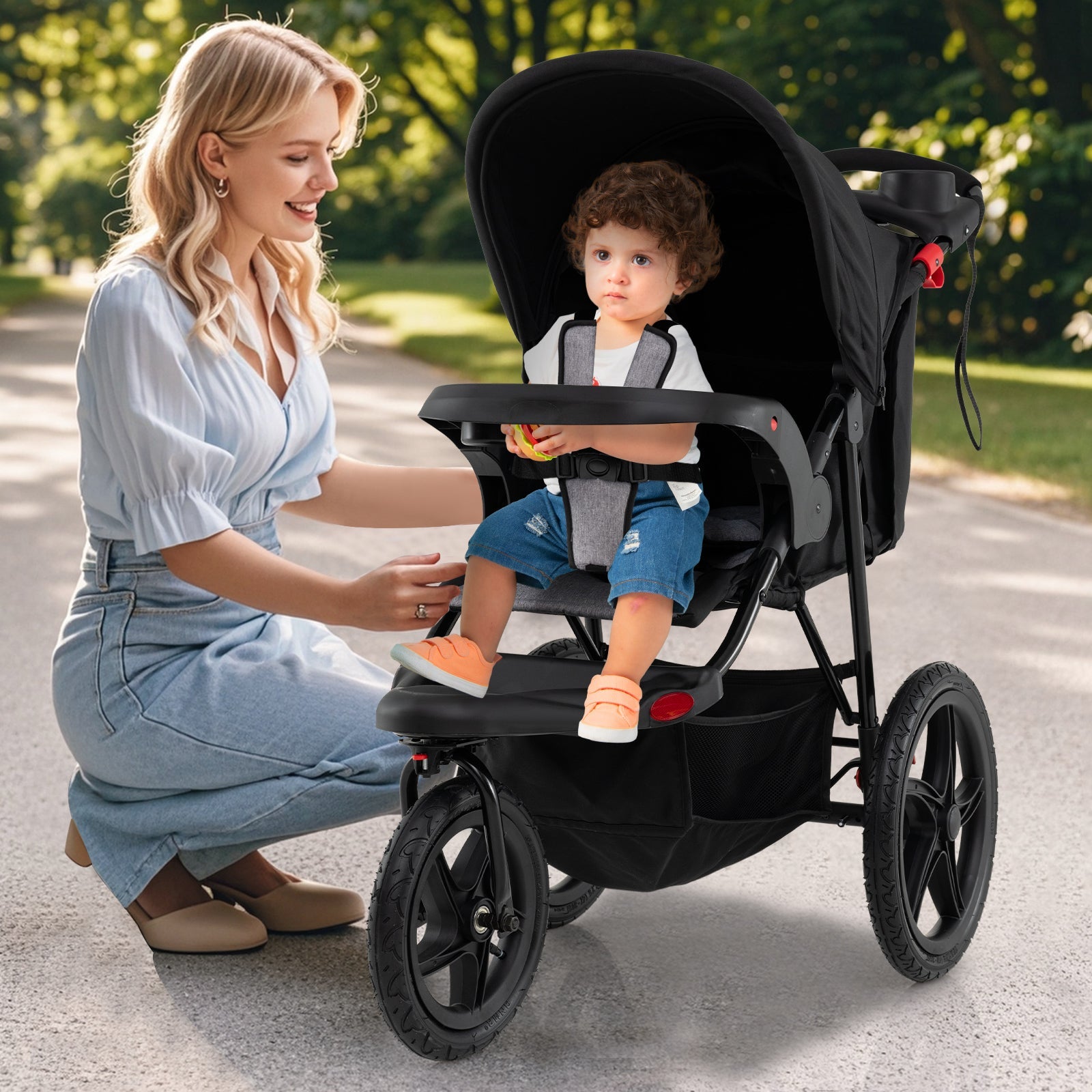 Foldable Jogging Stroller with Adjustable Canopy Reclining Seat-Black