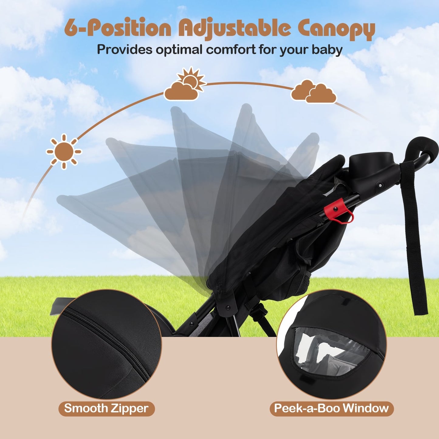 Foldable Jogging Stroller with Adjustable Canopy Reclining Seat-Black