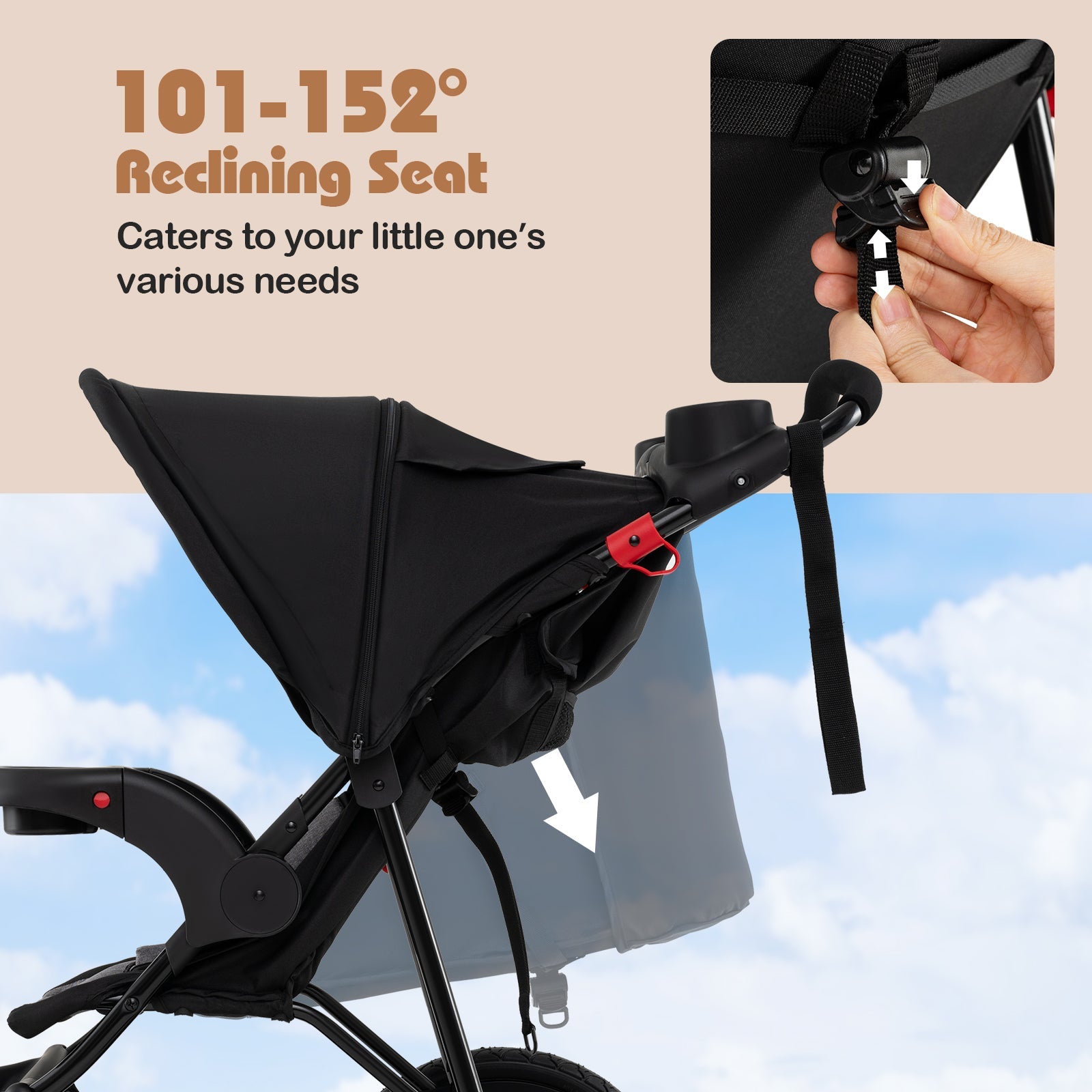 Foldable Jogging Stroller with Adjustable Canopy Reclining Seat-Black