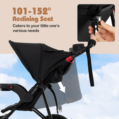 Foldable Jogging Stroller with Adjustable Canopy Reclining Seat-Black
