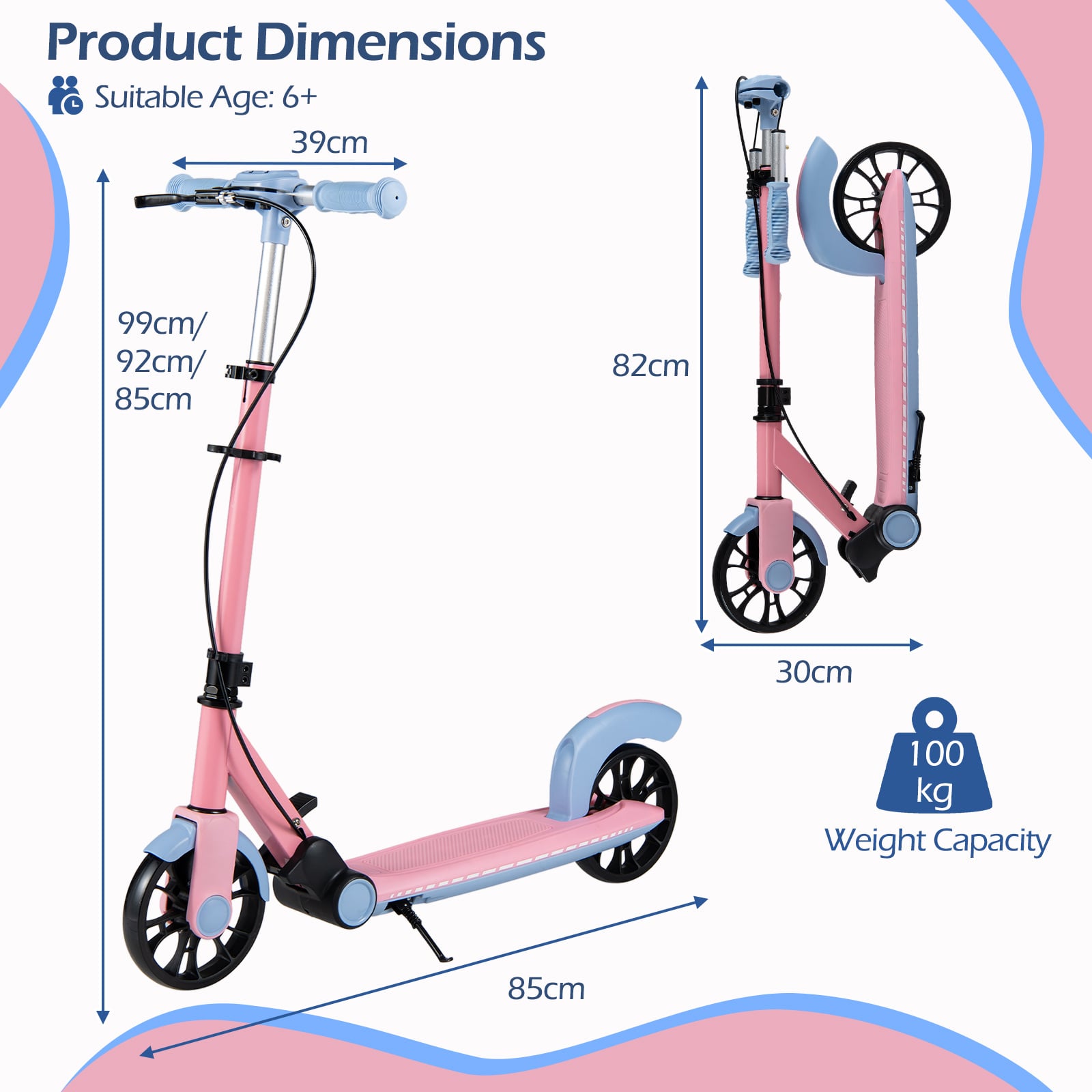 Foldable Kick Scooter with 2 Light-up Wheels and Rear Brake-Pink