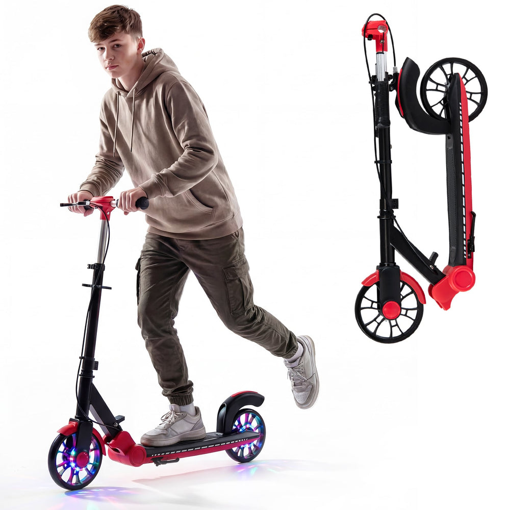 Foldable Kick Scooter with 2 Light-up Wheels and Rear Brake-Red