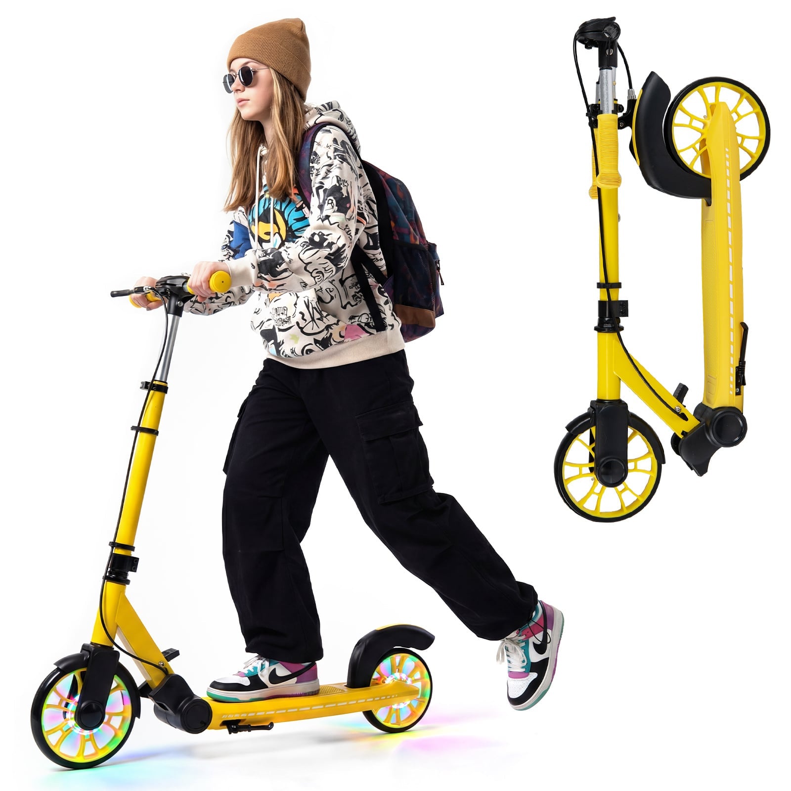 Foldable Kick Scooter with 2 Light-up Wheels and Rear Brake-Yellow