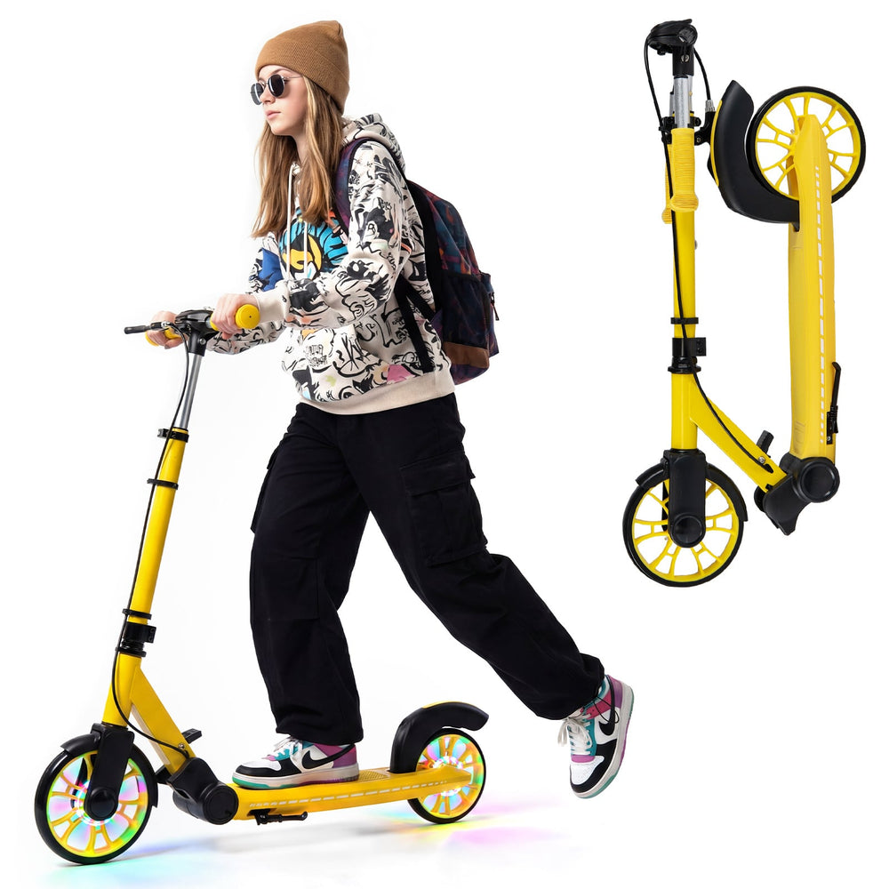 Foldable Kick Scooter with 2 Light-up Wheels and Rear Brake-Yellow