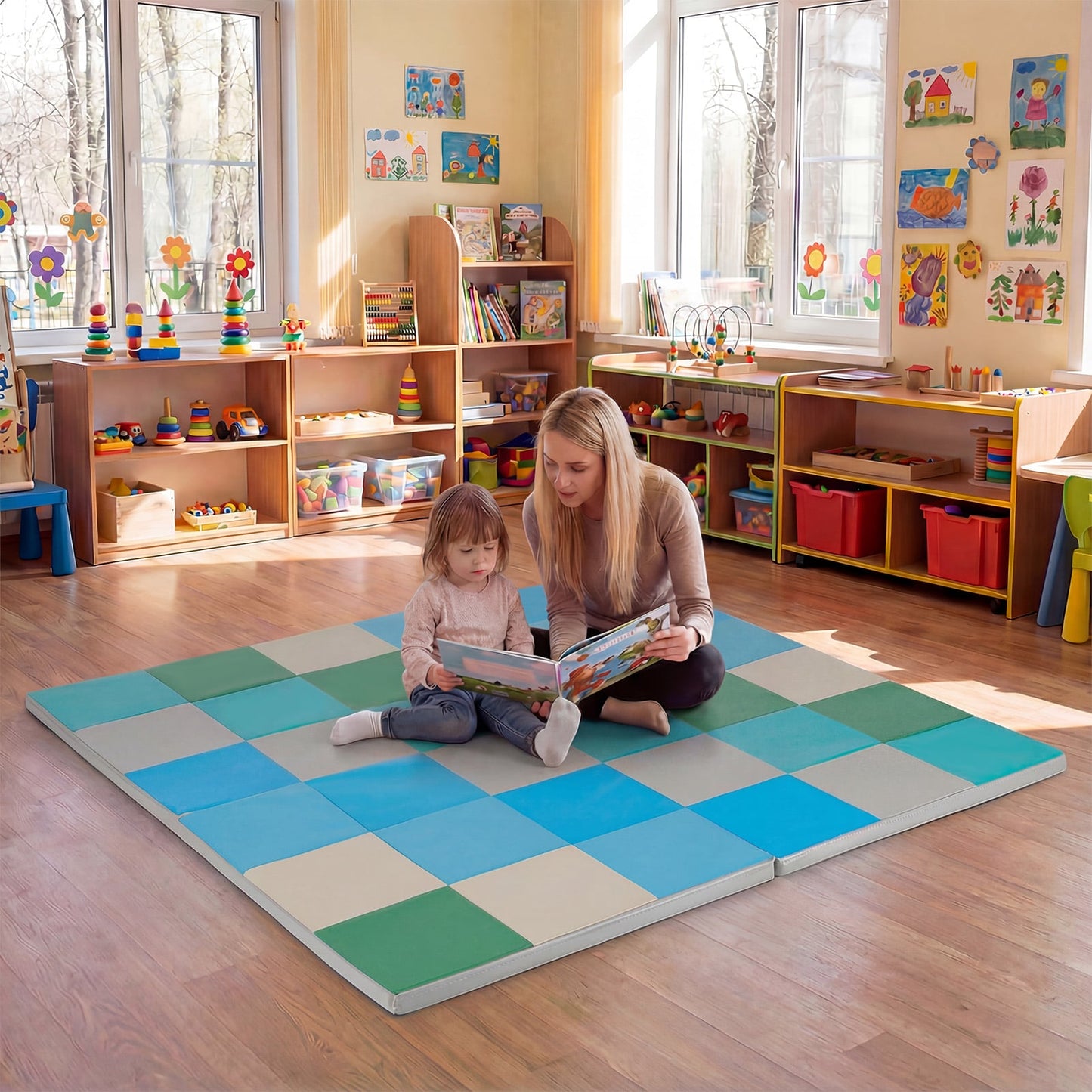 Foldable Patchwork Toddler Activity Mat with Waterproof Faux Leather-Blue