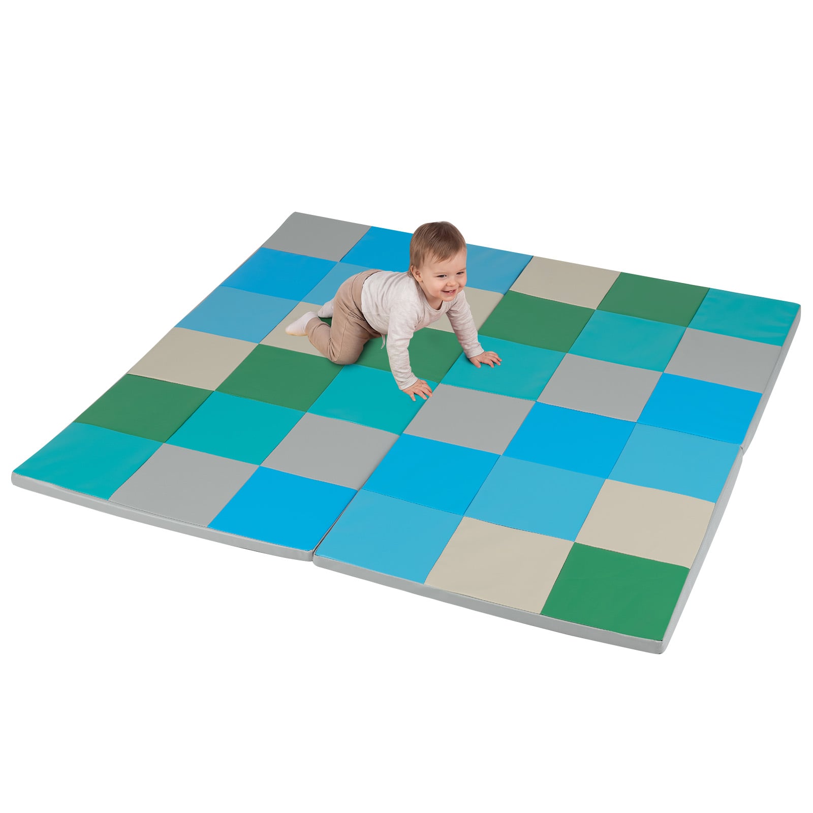 Foldable Patchwork Toddler Activity Mat with Waterproof Faux Leather-Blue