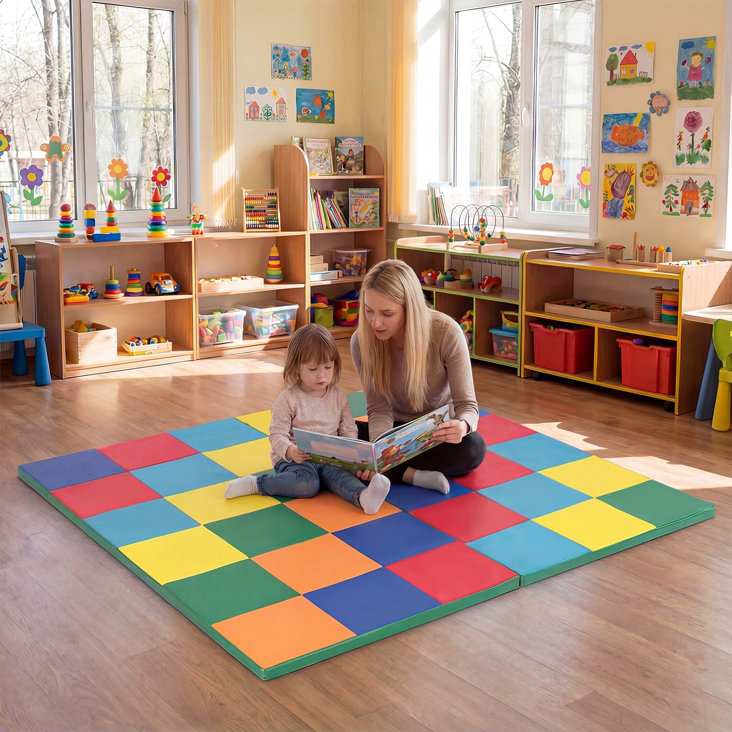 Foldable Patchwork Toddler Activity Mat with Waterproof Faux Leather-Colorful