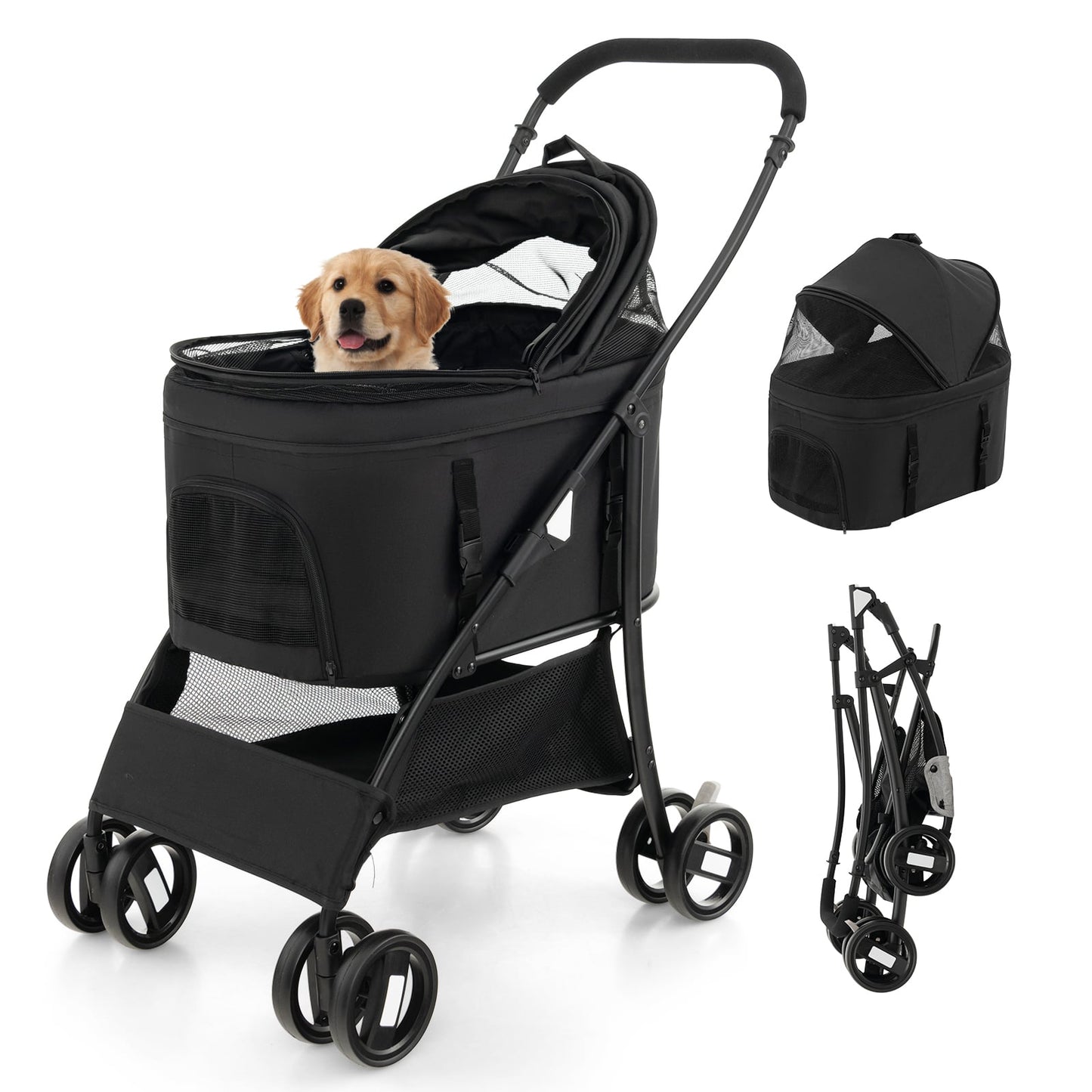 Foldable Pet Stroller with 4-Level Adjustable Canopy and Storage Basket-Black