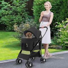 Foldable Pet Stroller with 4-Level Adjustable Canopy and Storage Basket-Black