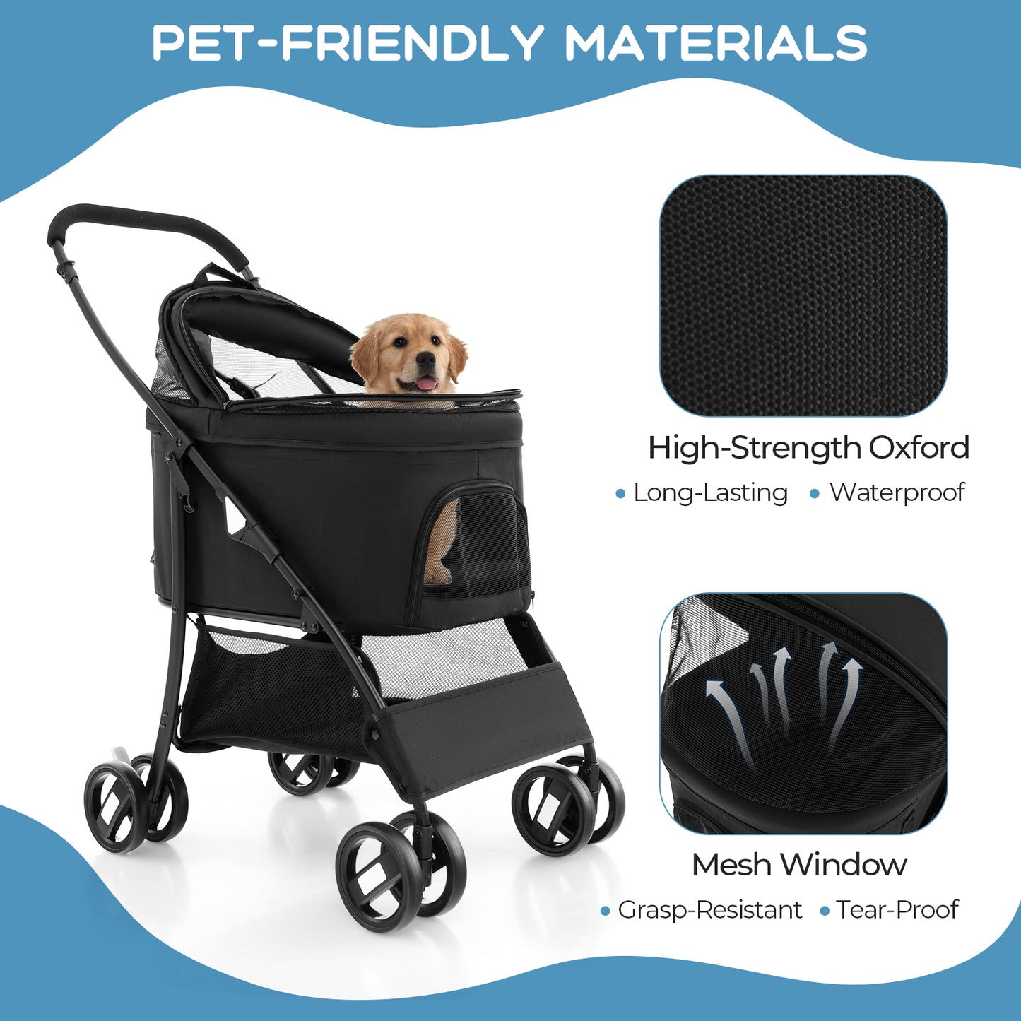 Foldable Pet Stroller with 4-Level Adjustable Canopy and Storage Basket-Black