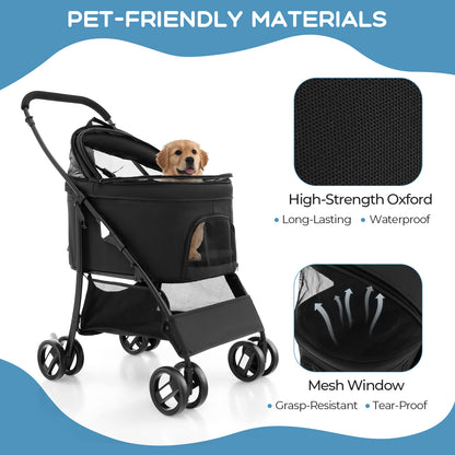 Foldable Pet Stroller with 4-Level Adjustable Canopy and Storage Basket-Black