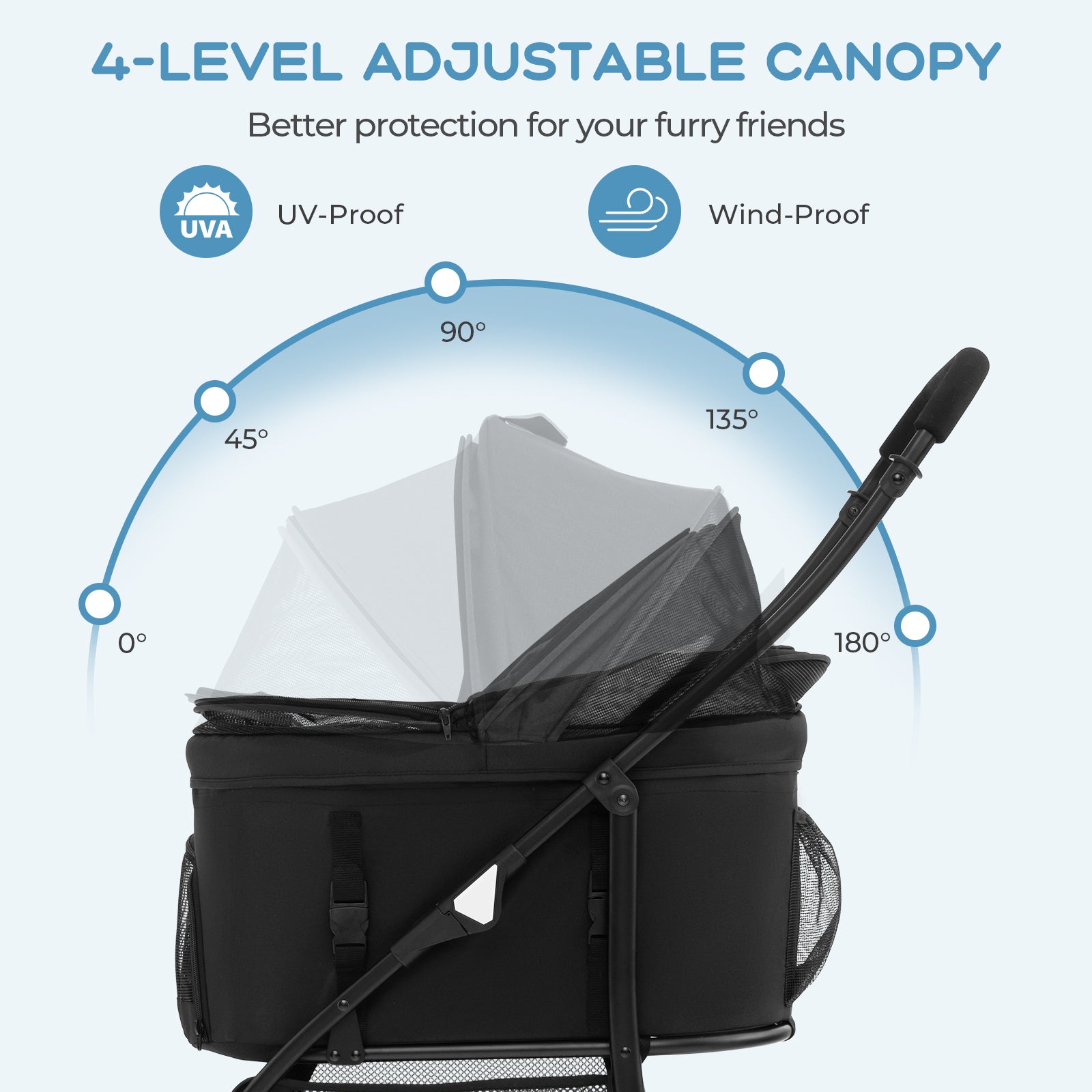 Foldable Pet Stroller with 4-Level Adjustable Canopy and Storage Basket-Black