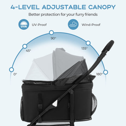 Foldable Pet Stroller with 4-Level Adjustable Canopy and Storage Basket-Black