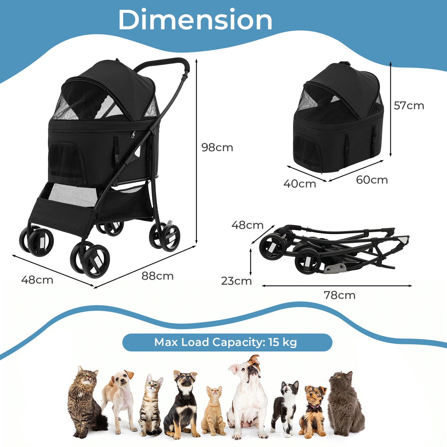 Foldable Pet Stroller with 4-Level Adjustable Canopy and Storage Basket-Black