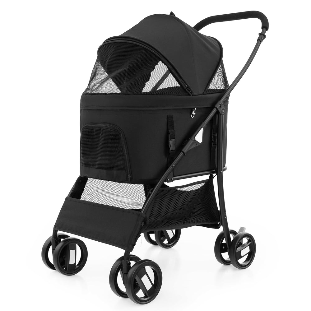 Foldable Pet Stroller with 4-Level Adjustable Canopy and Storage Basket-Black