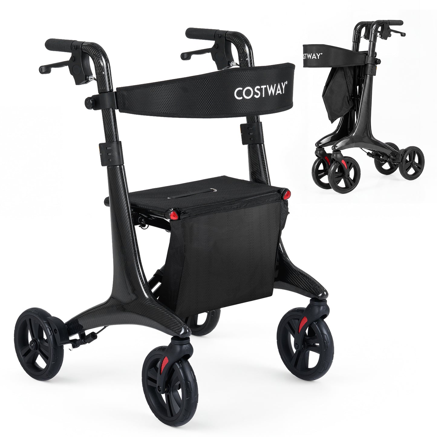 Foldable Rollator Walker with Seat and Carbon Fiber Structure for Seniors-Black