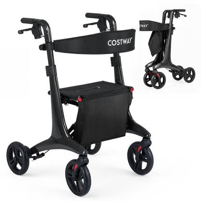 Foldable Rollator Walker with Seat and Carbon Fiber Structure for Seniors-Black
