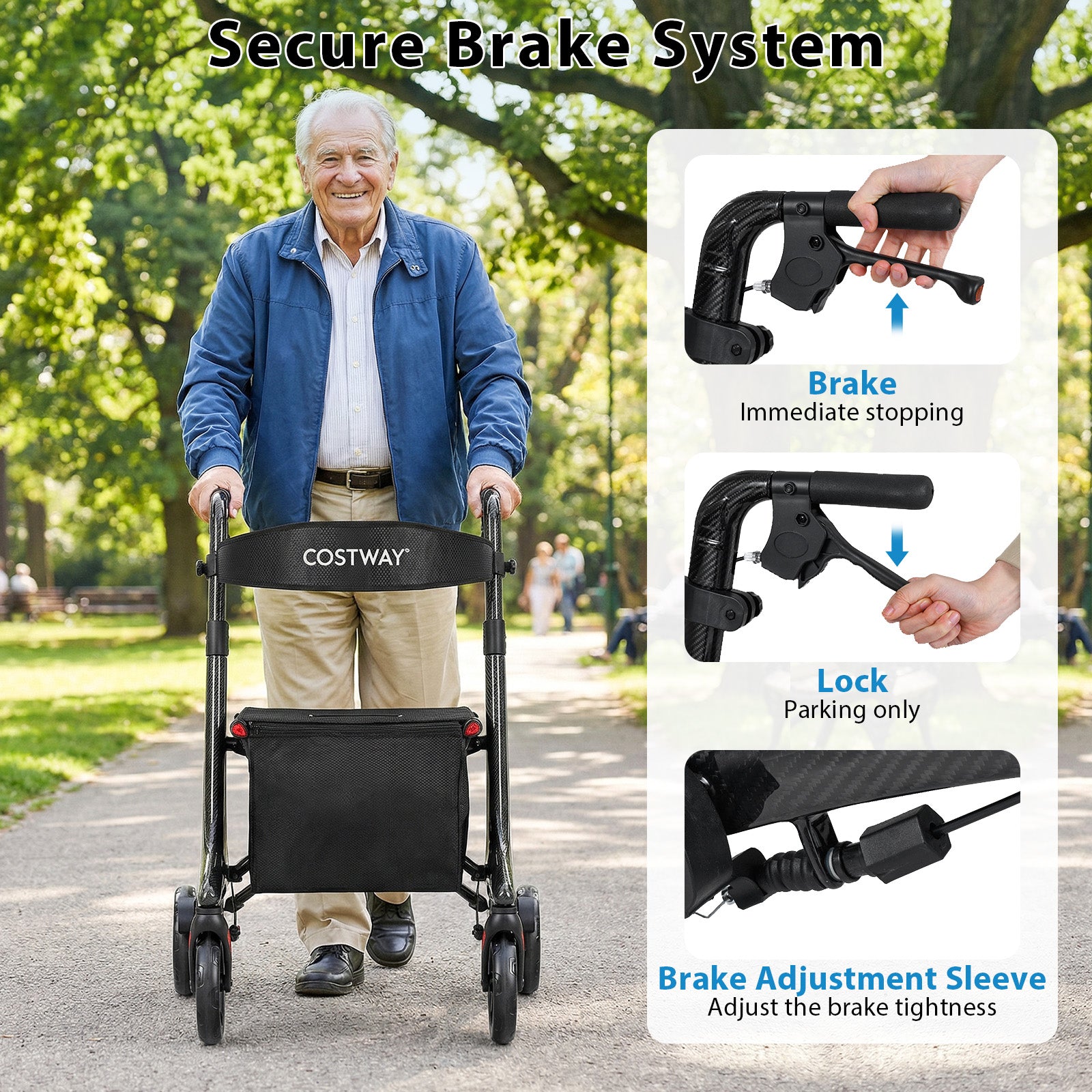 Foldable Rollator Walker with Seat and Carbon Fiber Structure for Seniors-Black