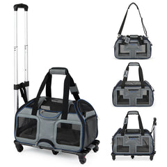 Foldable Rolling Pet Carrier with Wheels and Padded Carry Handle-Blue