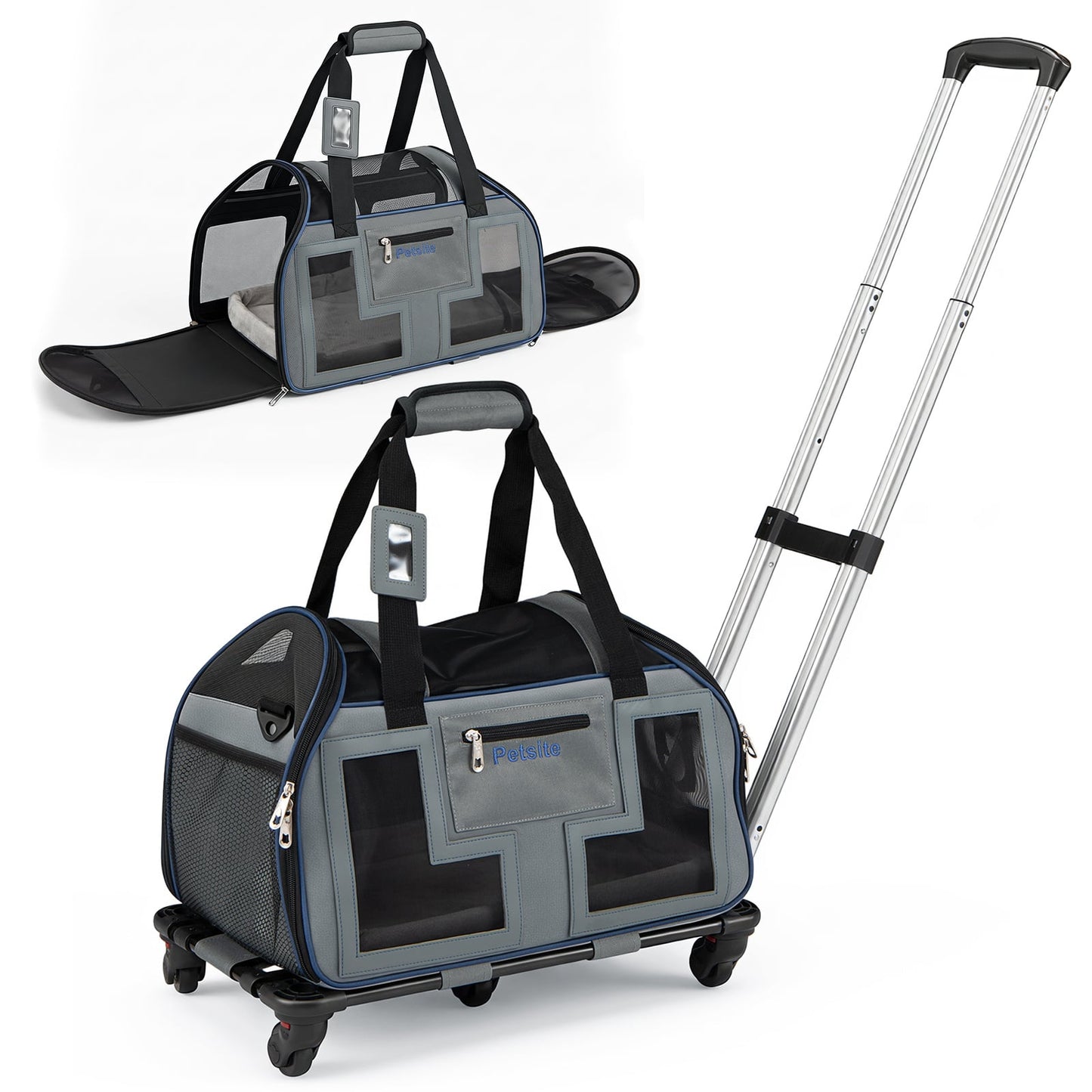 Foldable Rolling Pet Carrier with Wheels and Padded Carry Handle-Blue