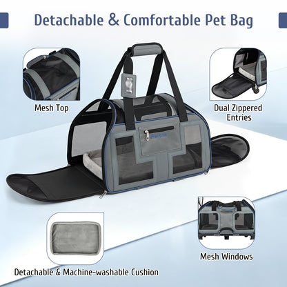 Foldable Rolling Pet Carrier with Wheels and Padded Carry Handle-Blue
