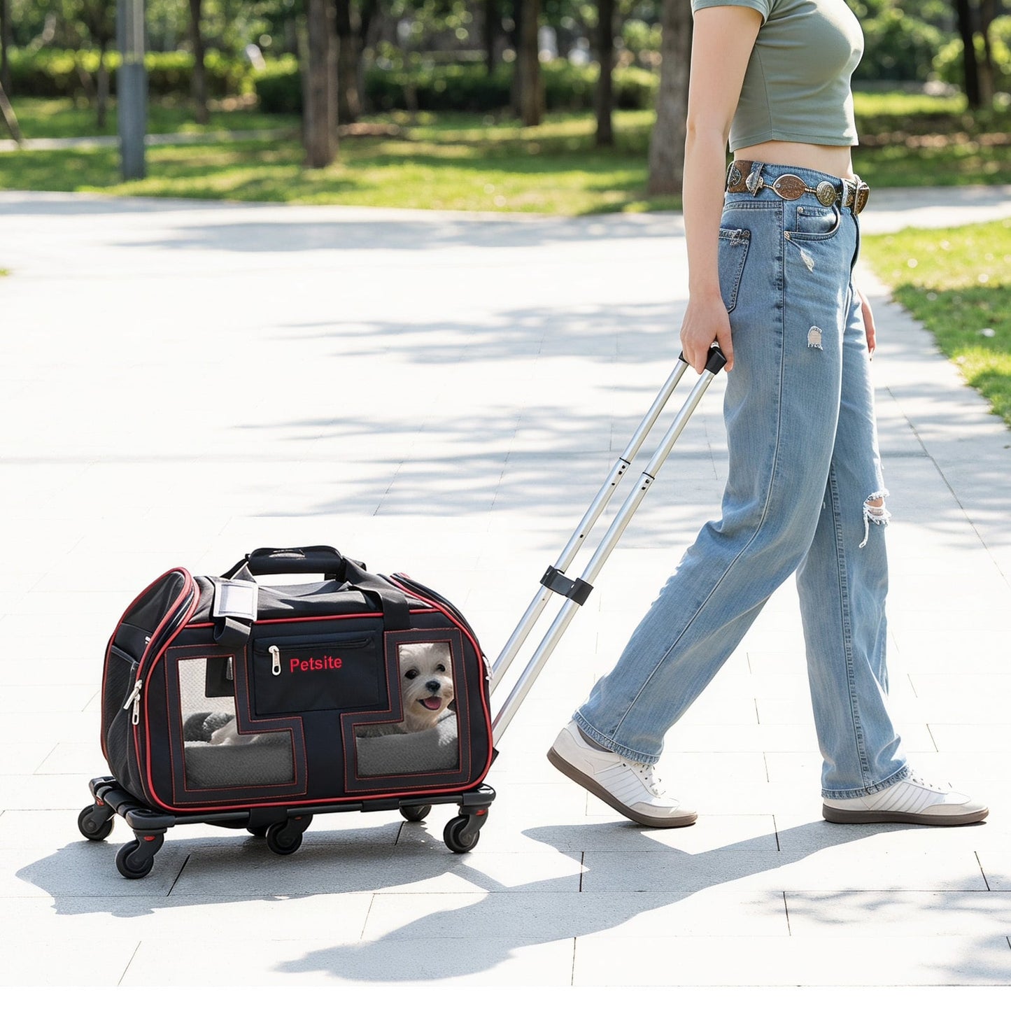Foldable Rolling Pet Carrier with Wheels and Padded Carry Handle-Red