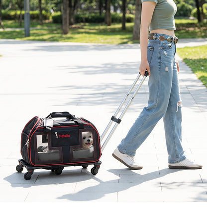 Foldable Rolling Pet Carrier with Wheels and Padded Carry Handle-Red