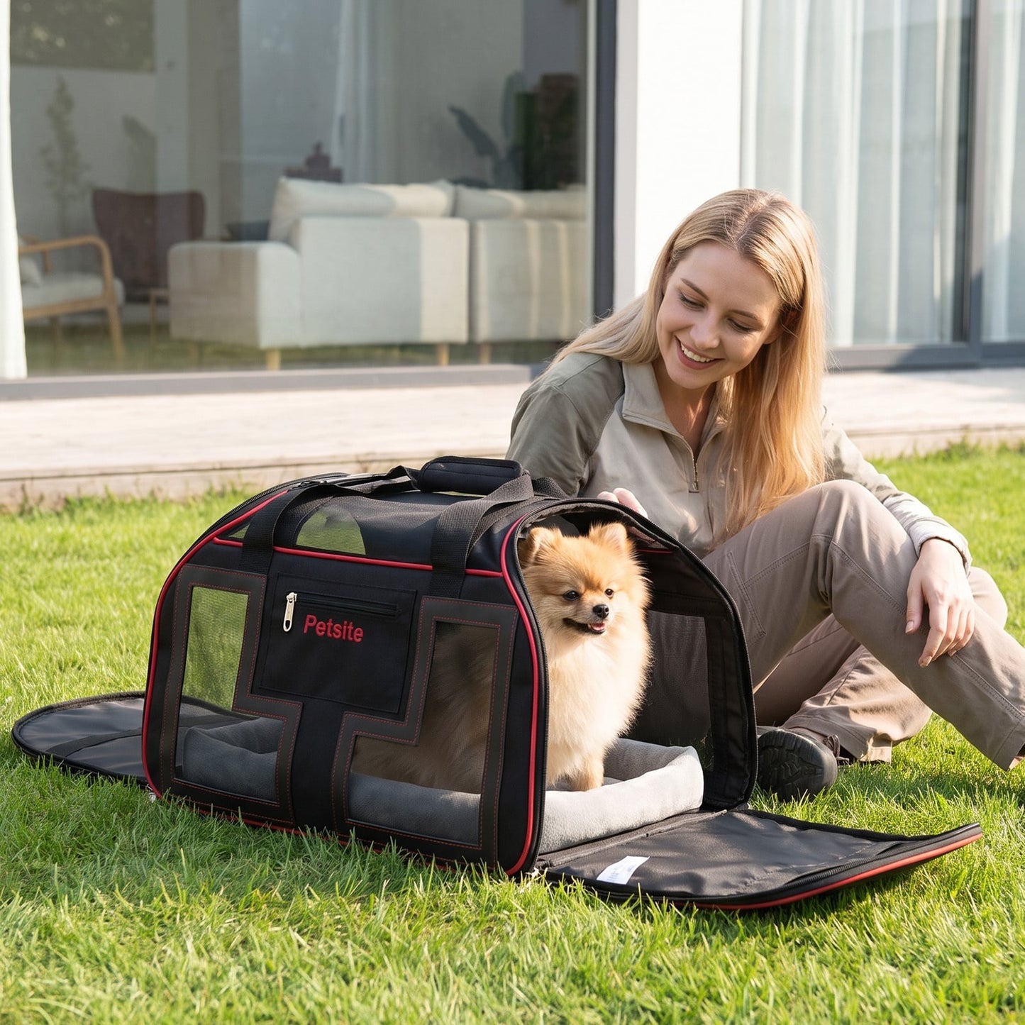 Foldable Rolling Pet Carrier with Wheels and Padded Carry Handle-Red