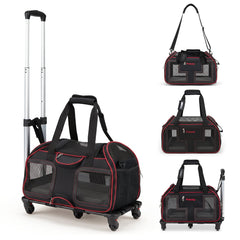 Foldable Rolling Pet Carrier with Wheels and Padded Carry Handle-Red