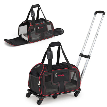 Foldable Rolling Pet Carrier with Wheels and Padded Carry Handle-Red
