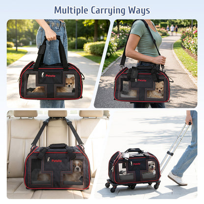 Foldable Rolling Pet Carrier with Wheels and Padded Carry Handle-Red