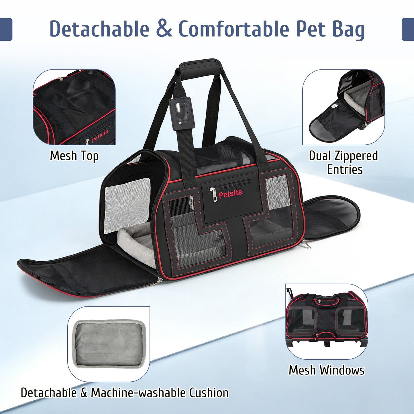 Foldable Rolling Pet Carrier with Wheels and Padded Carry Handle-Red