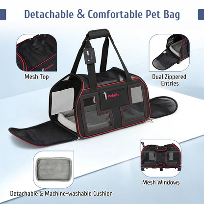 Foldable Rolling Pet Carrier with Wheels and Padded Carry Handle-Red