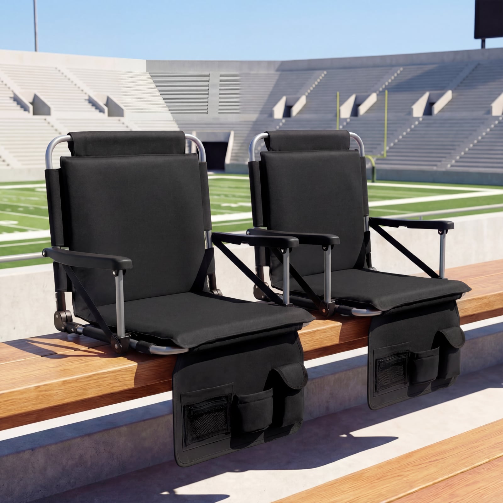 Foldable Stadium Seat Bleacher Chair Set of 2 with Back Support-Black