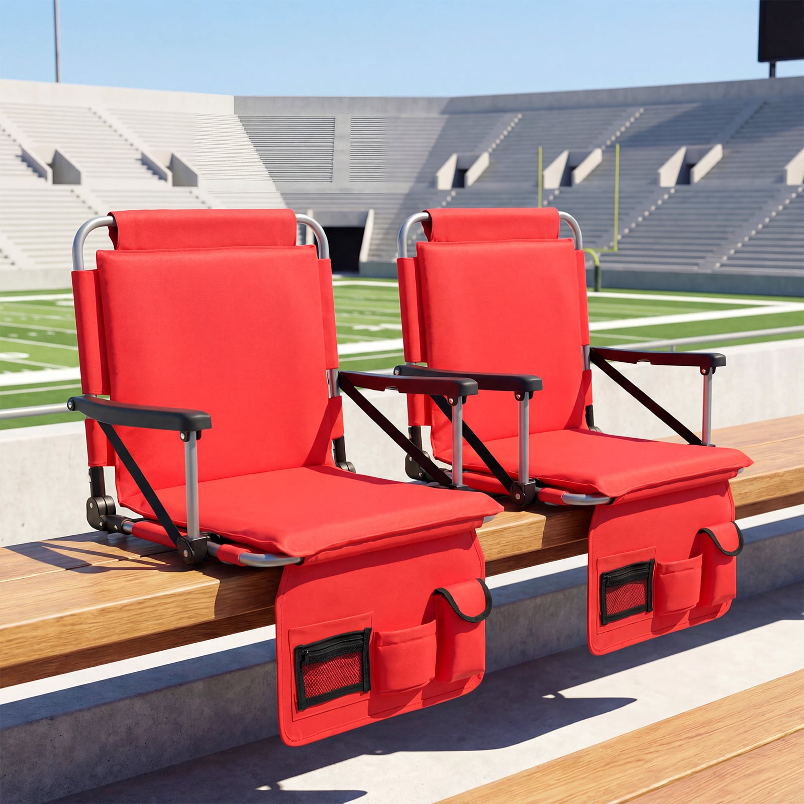 Foldable Stadium Seat Bleacher Chair Set of 2 with Back Support-Red