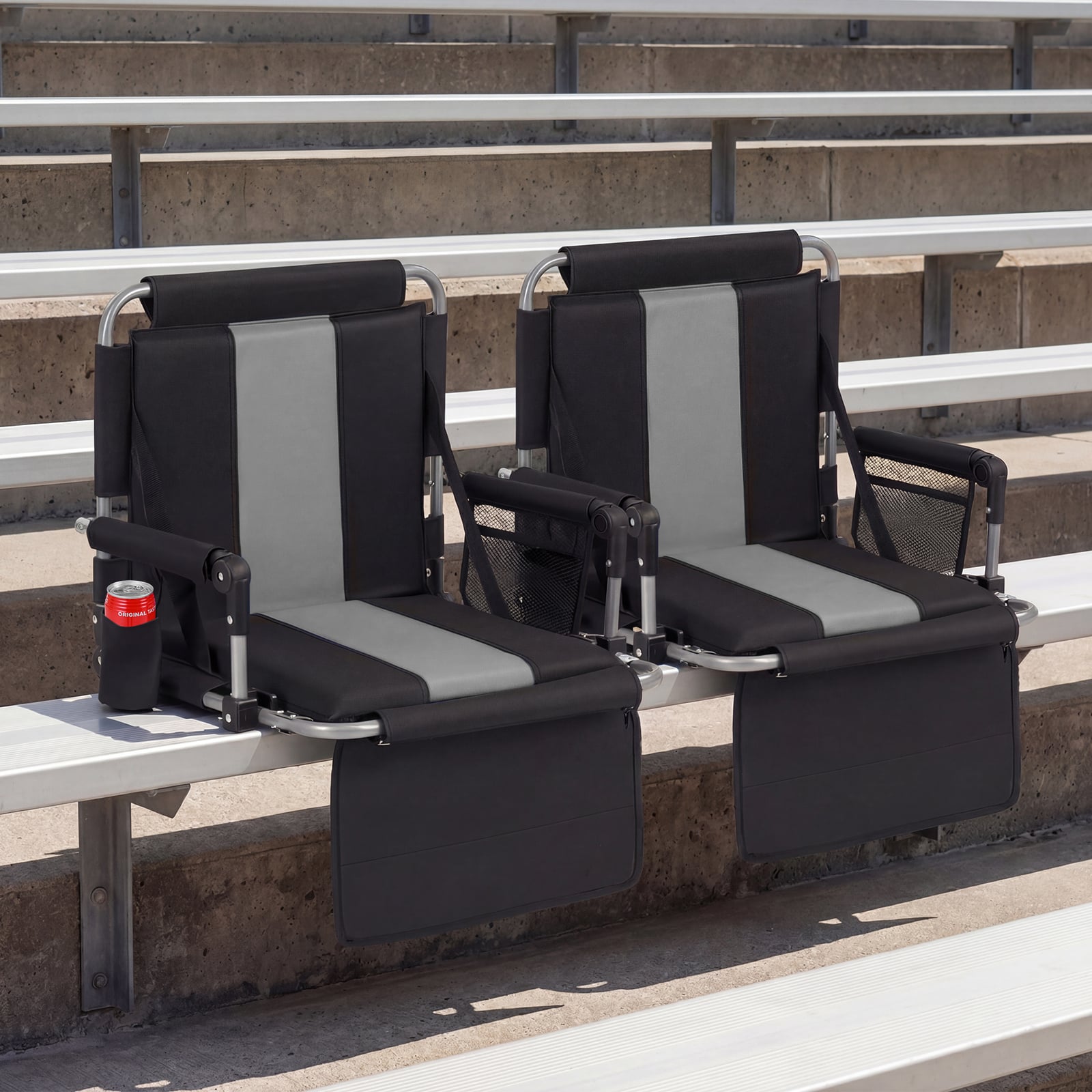Foldable Stadium Seat Set of 2 with Back Support and Padded Cushions-Grey