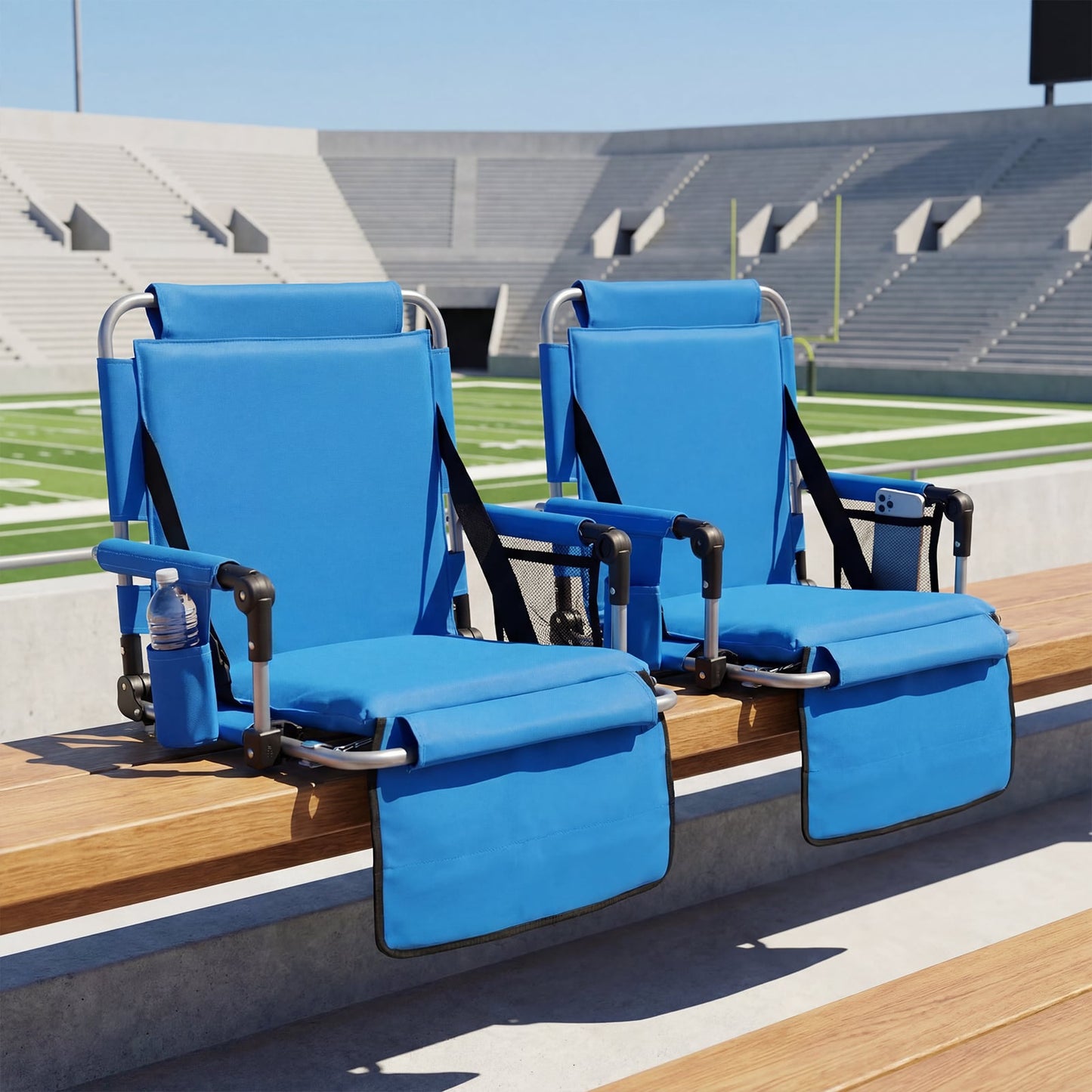 Foldable Stadium Seat with Back Support and Padded Cushions with Armrest-Blue