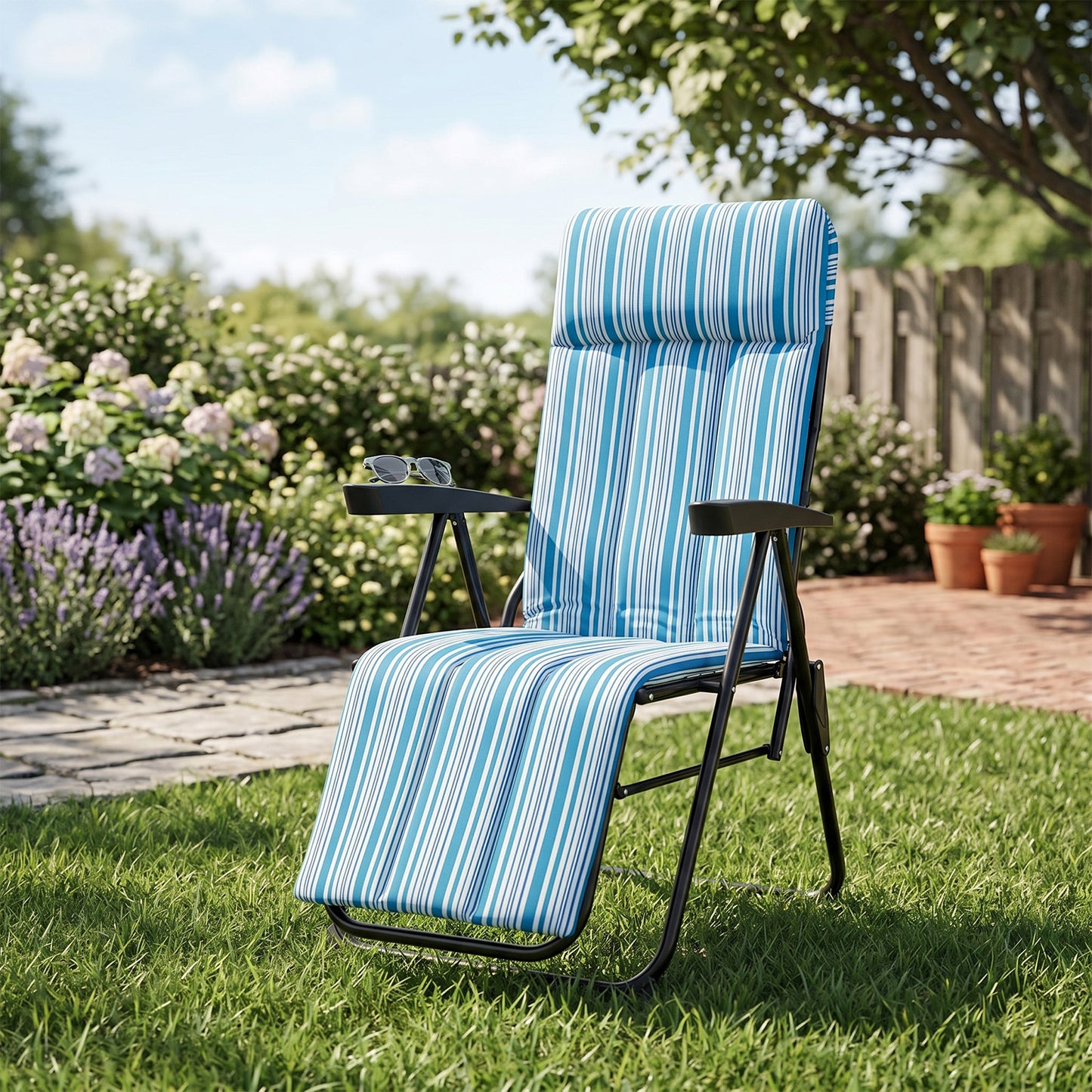 Foldable Sun Lounger Recliner with Adjustable Backrest Headrest and Armrests-Blue