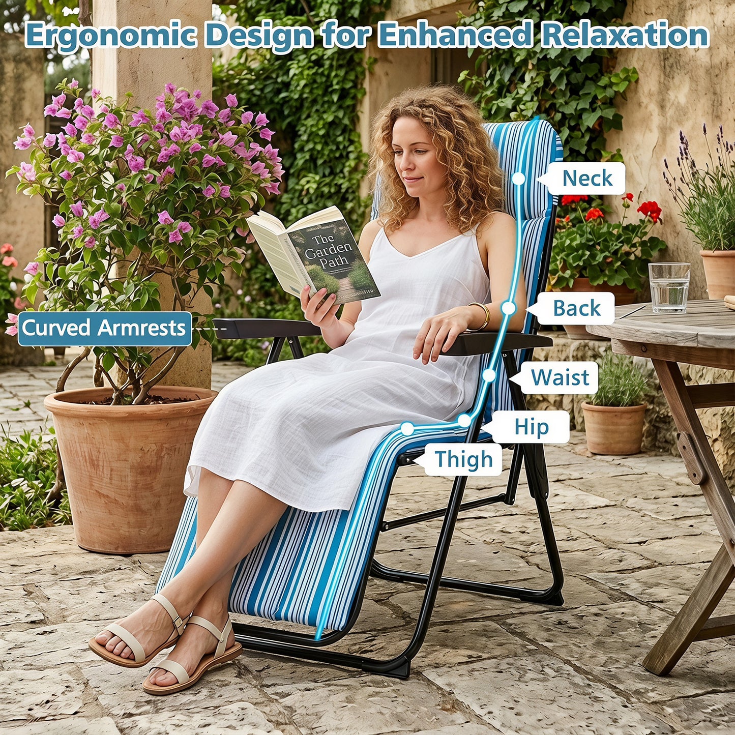 Foldable Sun Lounger Recliner with Adjustable Backrest Headrest and Armrests-Blue