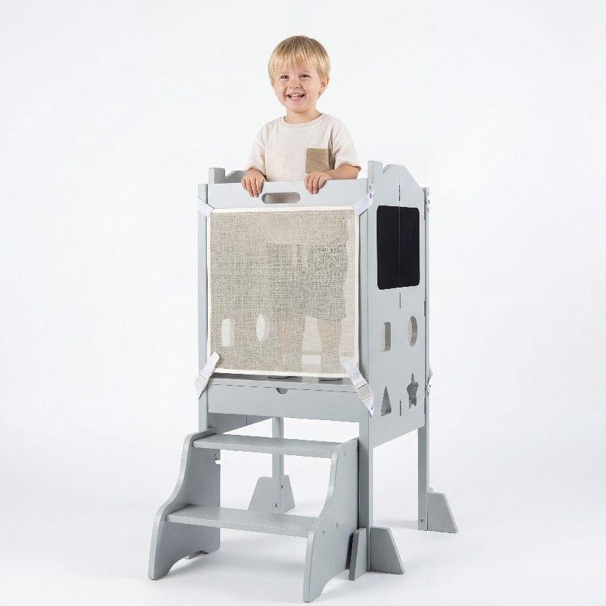 Foldable Toddler Step Stool with Chalkboards and 2-Step Stool for Boys and Girls Aged 2+-Grey